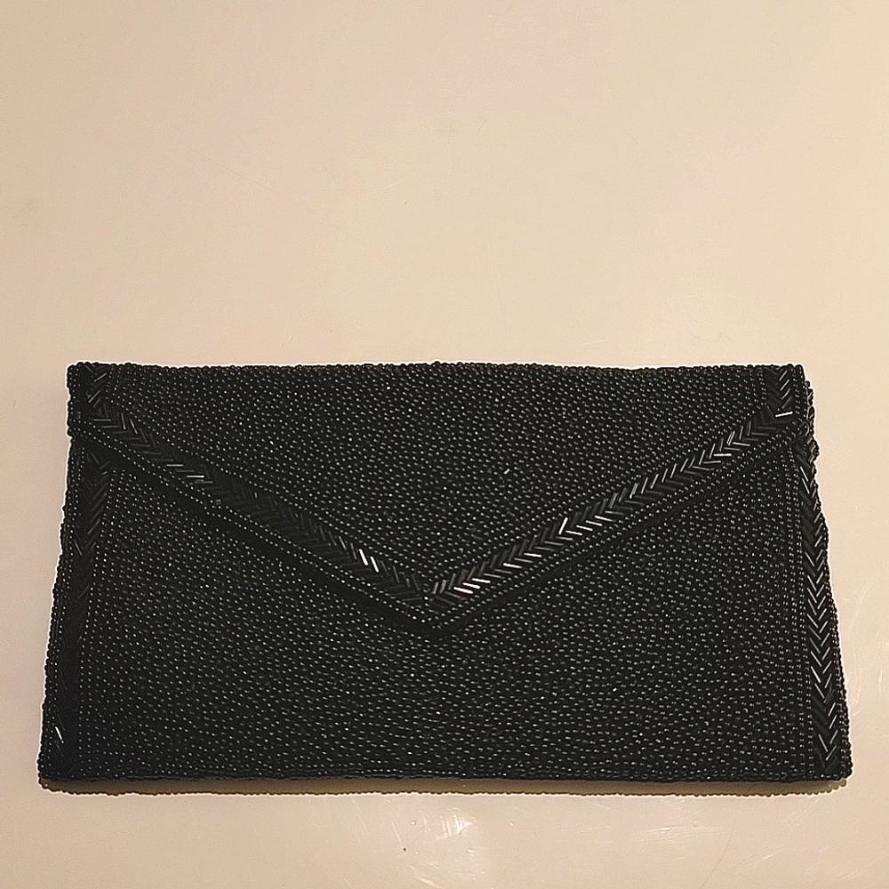 VINTAGE WALBORH BEADED ENVELOPE BLACK EVENING CLUTCH BAG